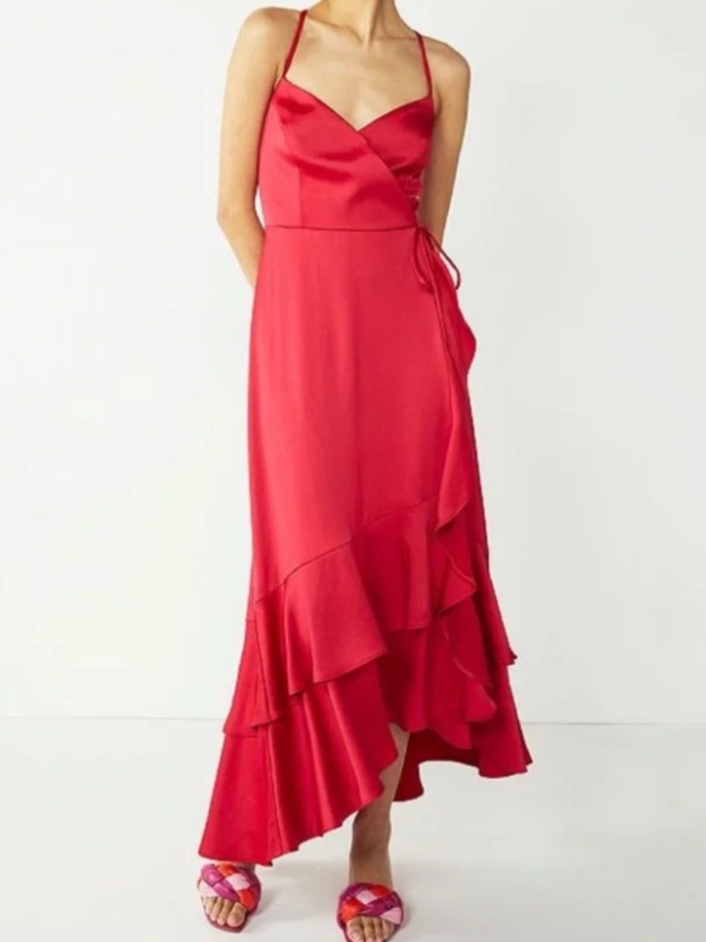 Nine West Strappy Wrap Ruffle Dress - Size Medium - Color Strawberry Pop